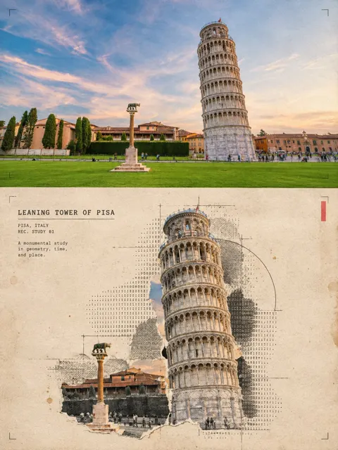 Architectural halftone travel collage poster prompt