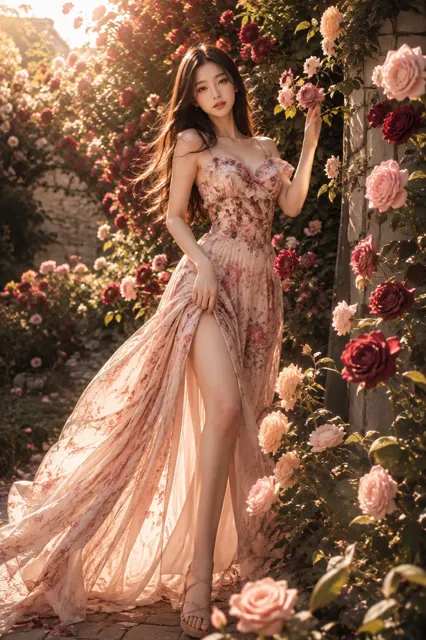 Elegant model reclining on roses editorial portrait