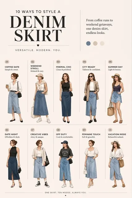 10 ways to style denim skirt fashion infographic