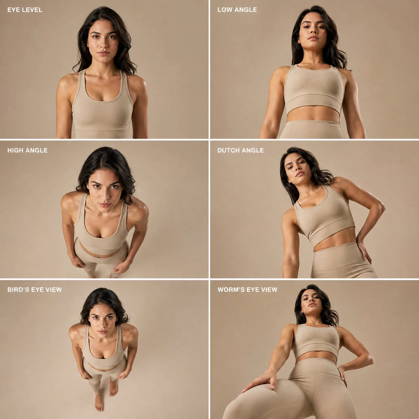 Ultra realistic fashion editorial 6 panel grid camera angles — Sonra