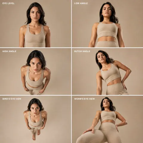 Ultra realistic fashion editorial 6 panel grid camera angles
