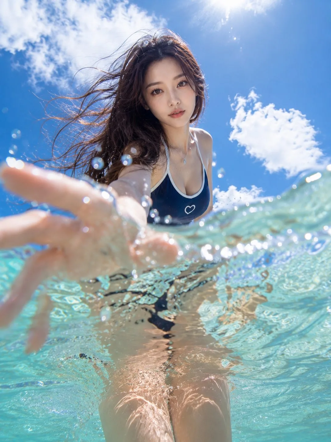 Hyper realistic cinematic tropical beach east asian woman portrait — Sonra