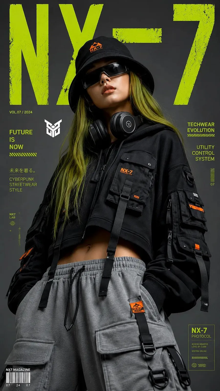 Techwear moss green hair fashion editorial portrait — After
