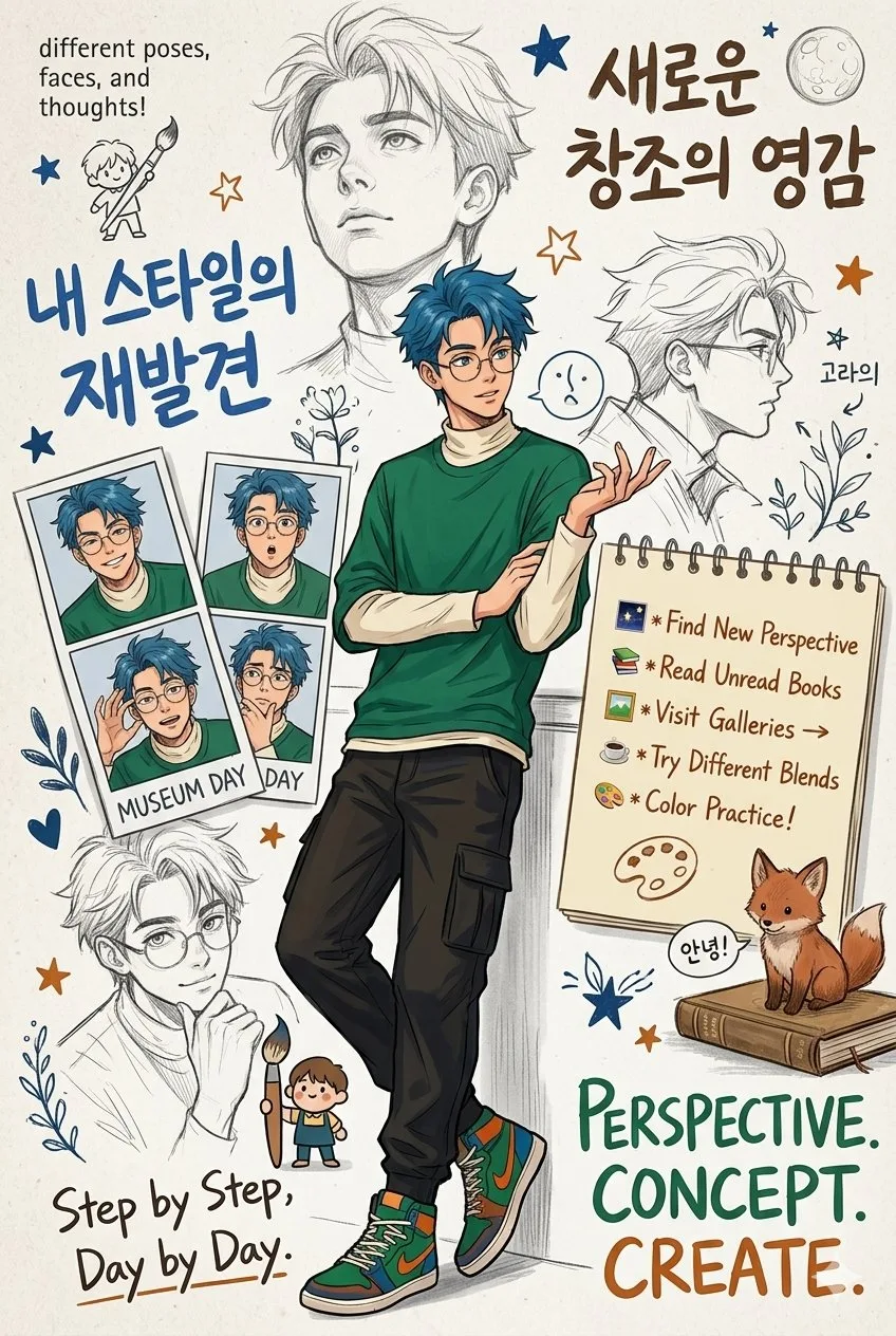Anime blue hair artist character sheet — Sonra