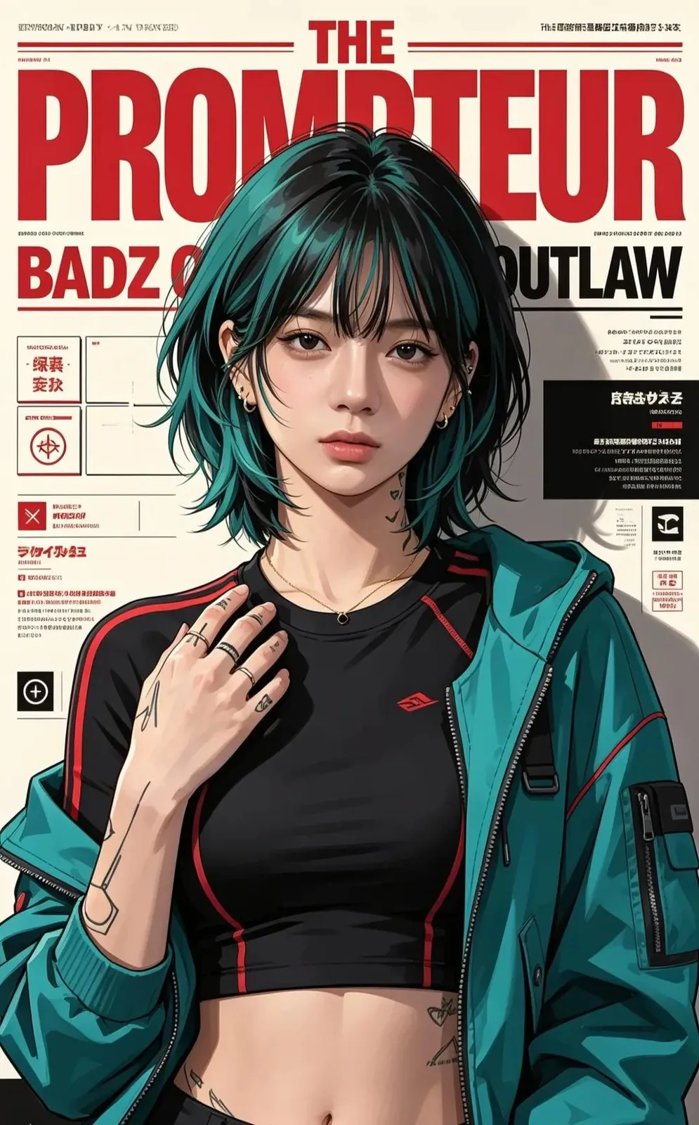 Cyberpunk fashion magazine cover anime illustration — Sonra
