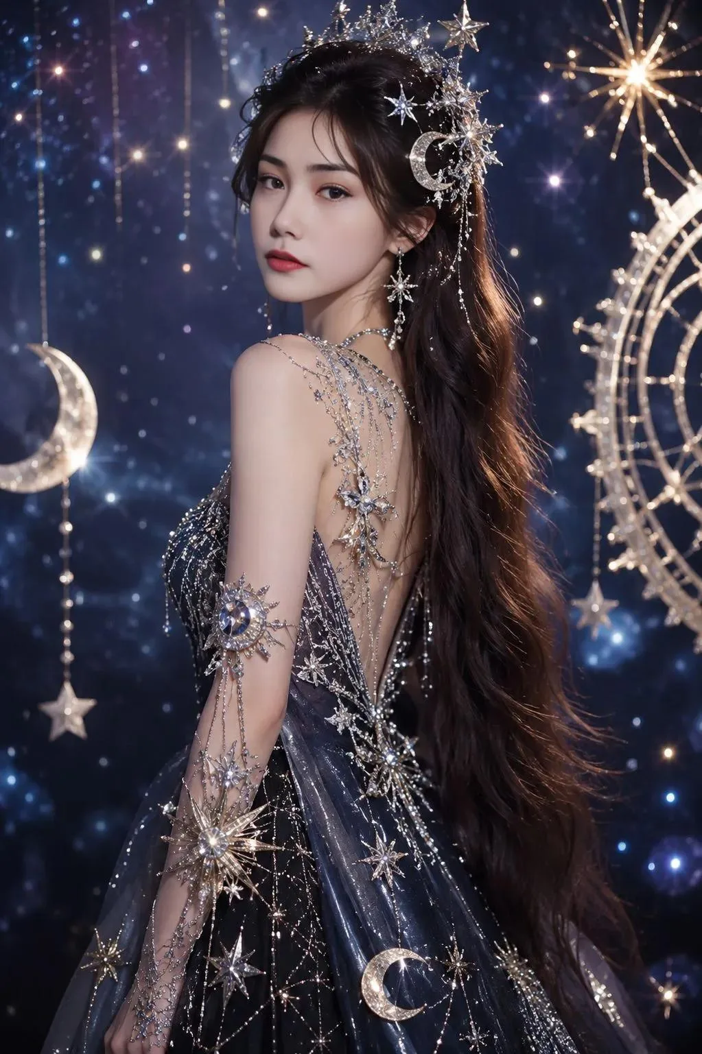 Asian woman celestial galaxy gown fashion portrait — After