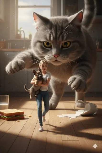 Giant cat chase tiny woman