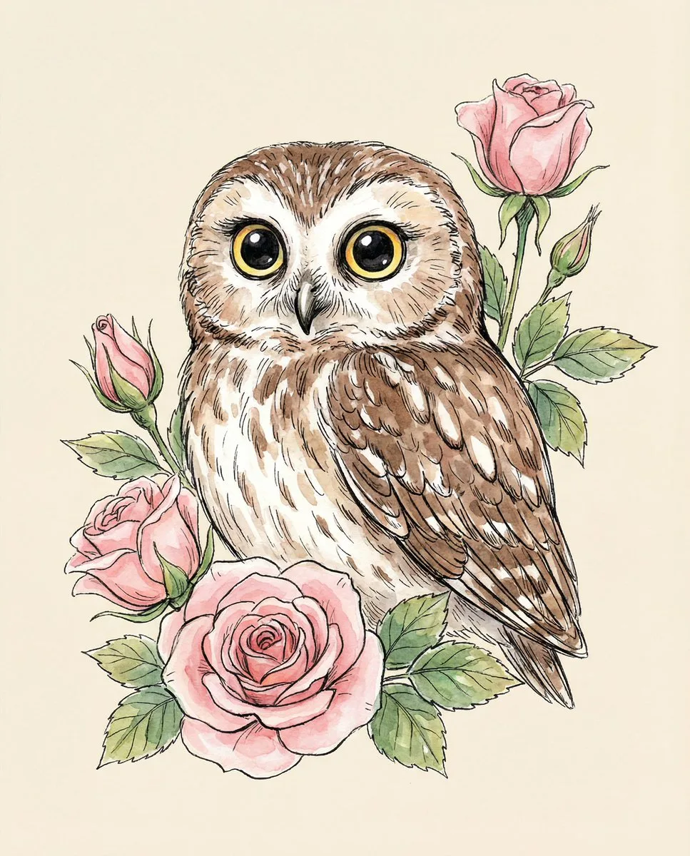 Pink roses cute owl — Sonra