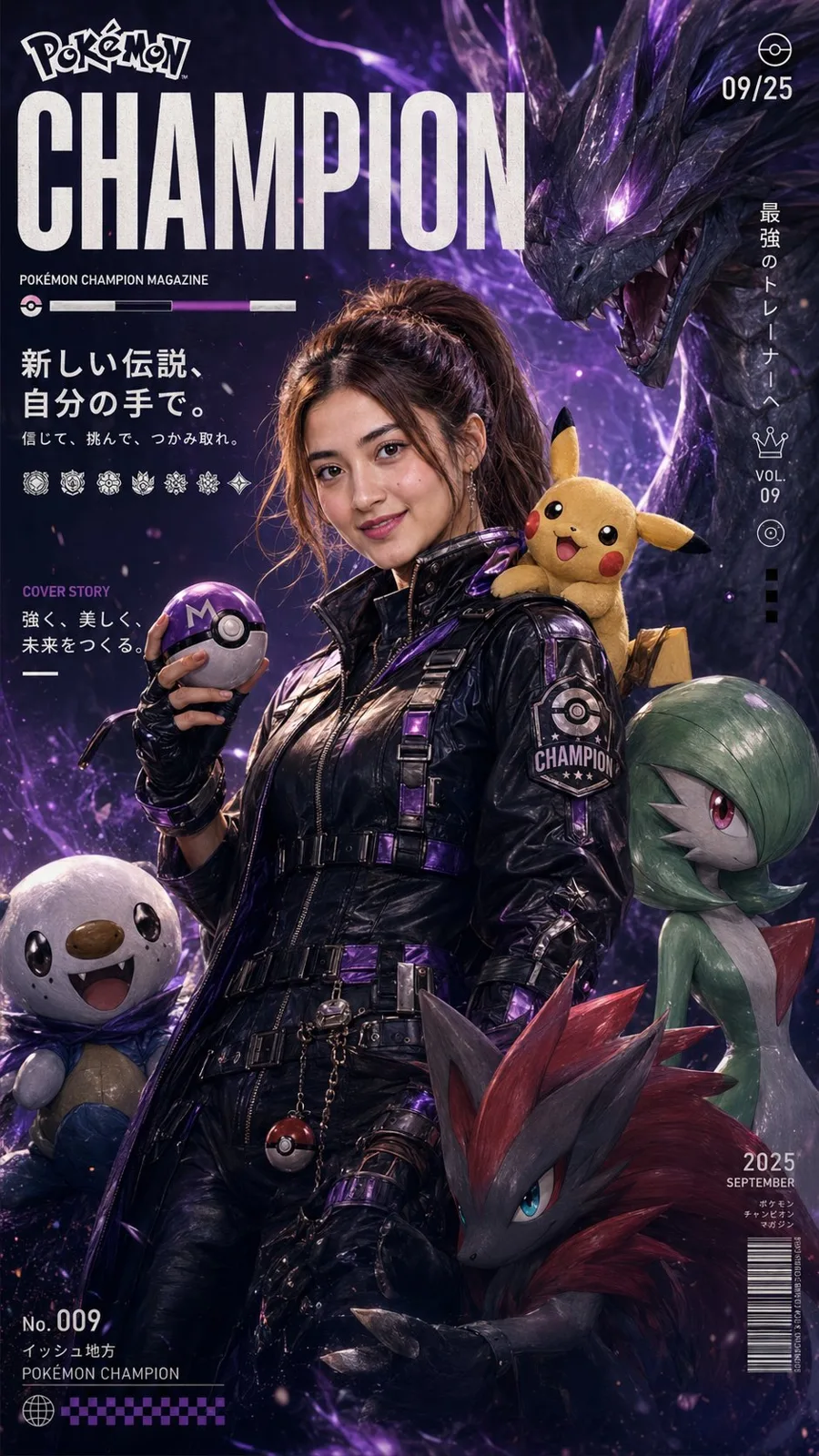 Pokemon champion magazine cover futuristic fantasy style — After