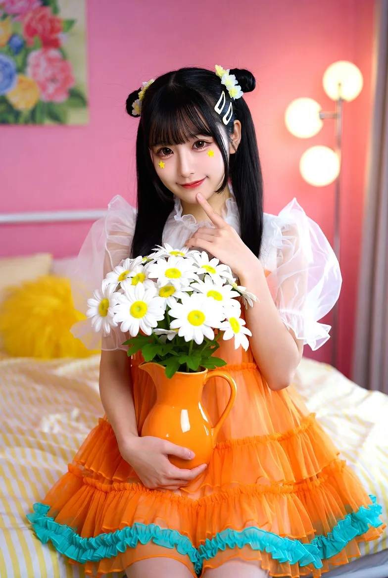 Japanese woman orange ruffled dress pink bedroom kawaii — Sonra