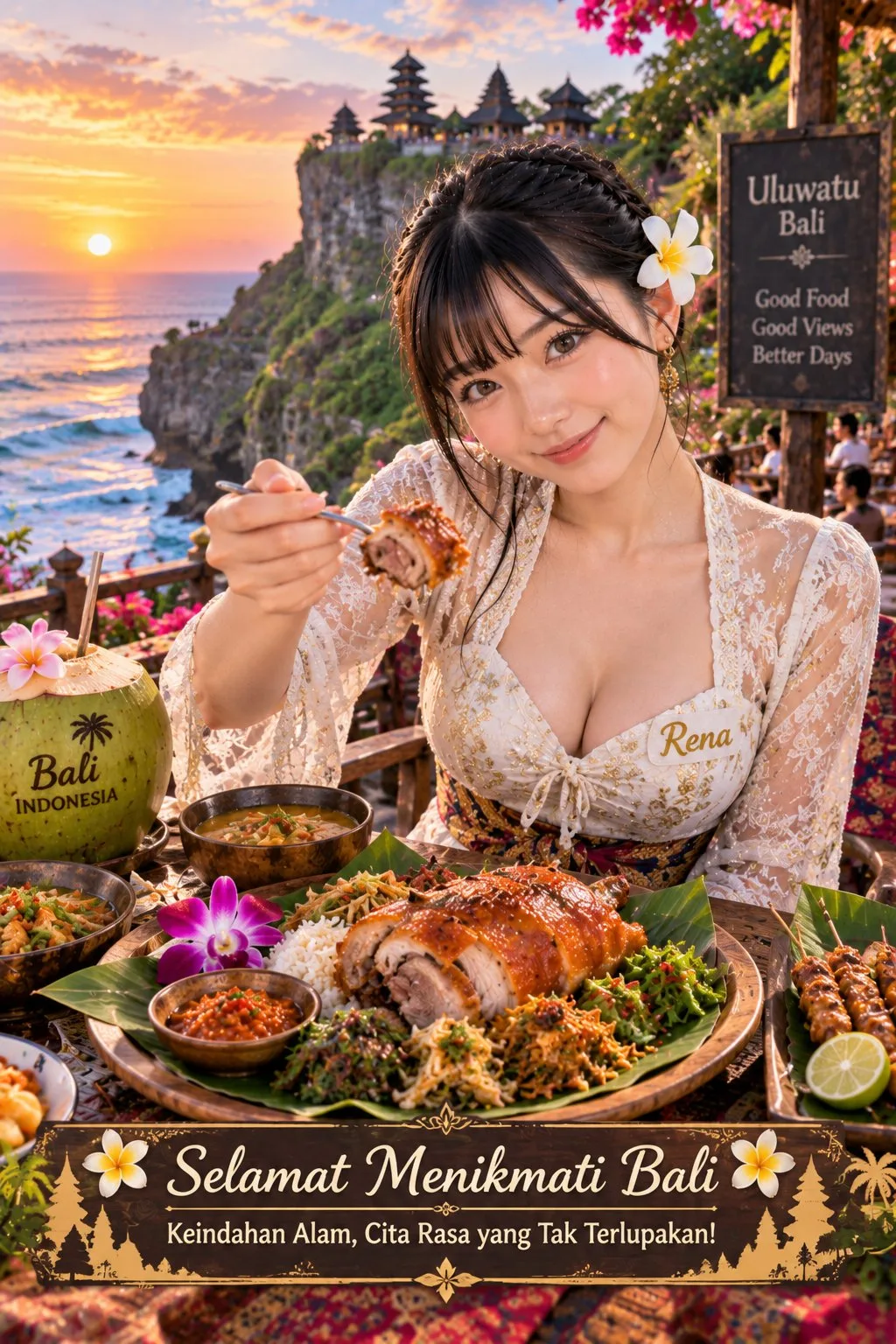 Young woman balinese food uluwatu temple portrait — Sonra