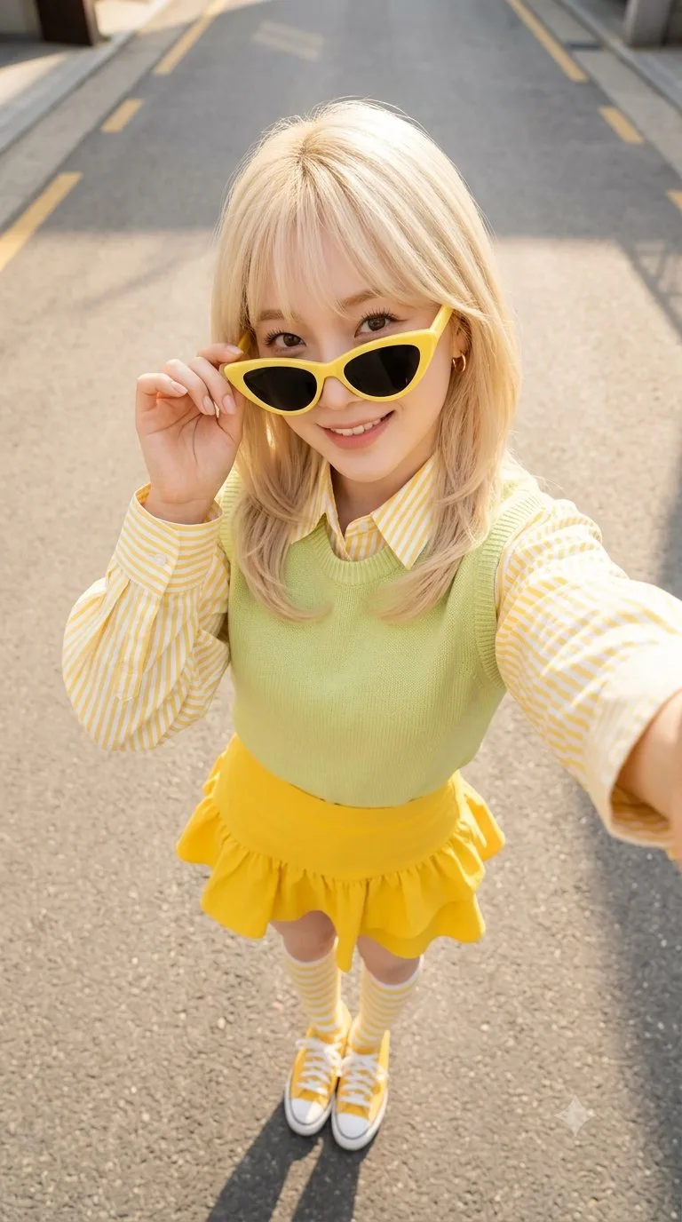 Ultra realistic korean street fashion citrus aesthetic selfie — Sonra