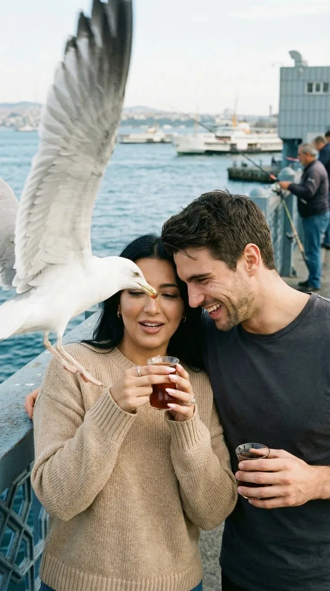 Istanbul galata seagull couple moment — Sonra