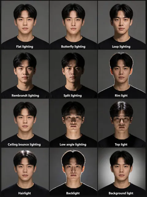Professional studio portrait lighting reference chart
