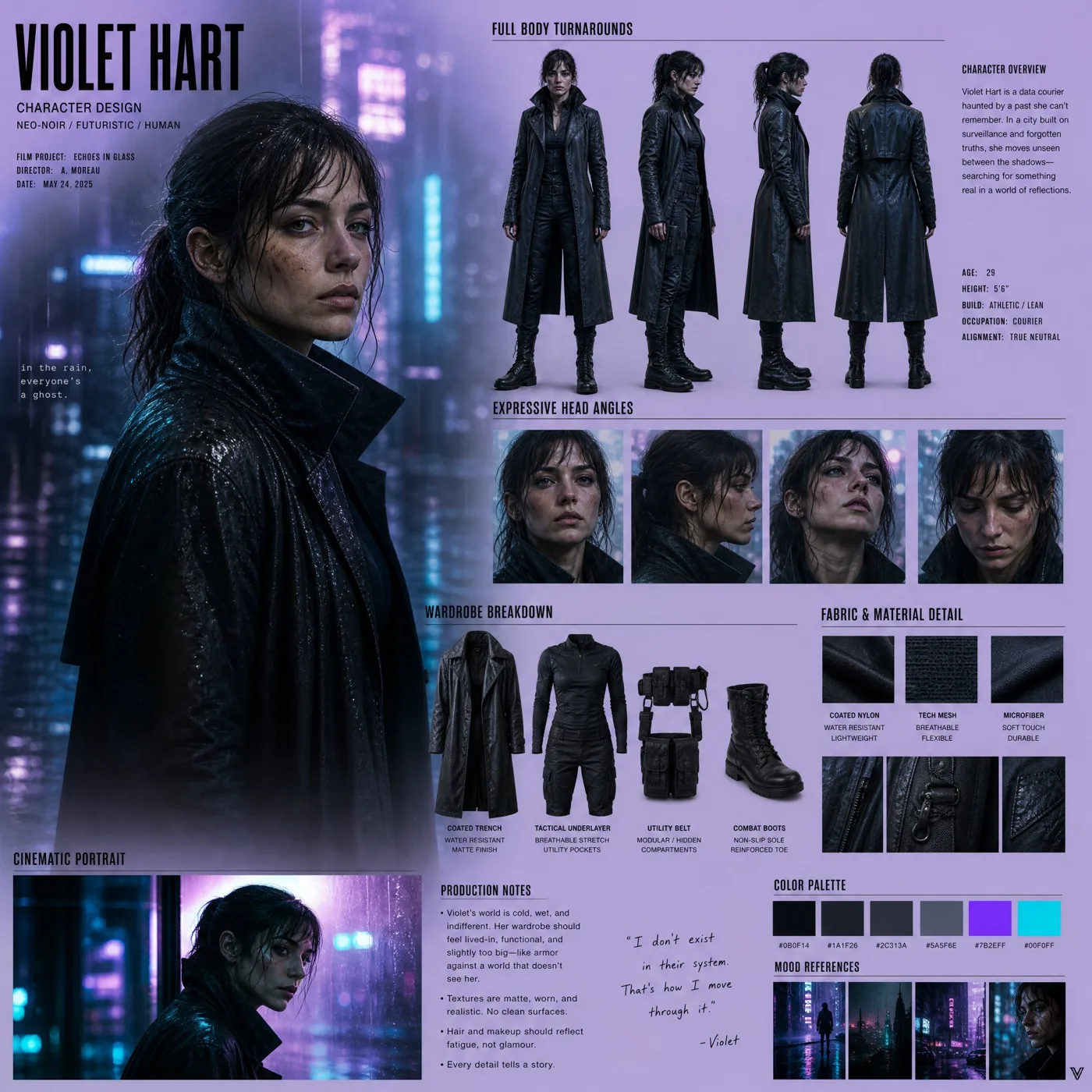 Cinematic neo noir character design board — After