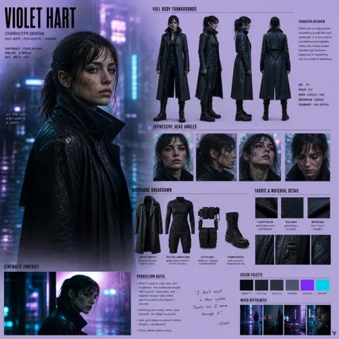 Cinematic neo noir character design board