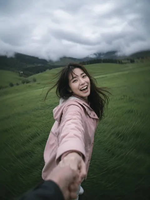Ultra realistic candid spinning holding hands grass field
