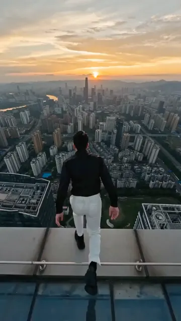 Urban flyer through clouds