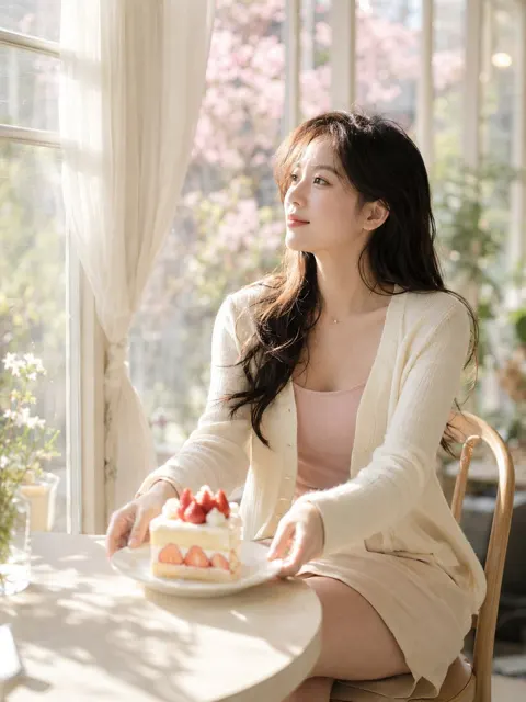 Realistic oriental female lifestyle cafe portrait