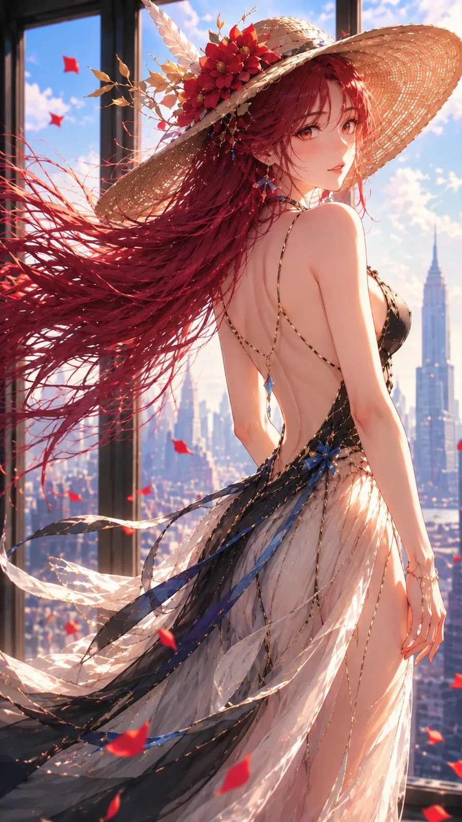 Elegant red hair anime girl back view glance — Sonra
