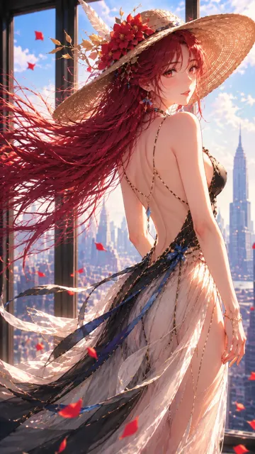 Elegant red hair anime girl back view glance