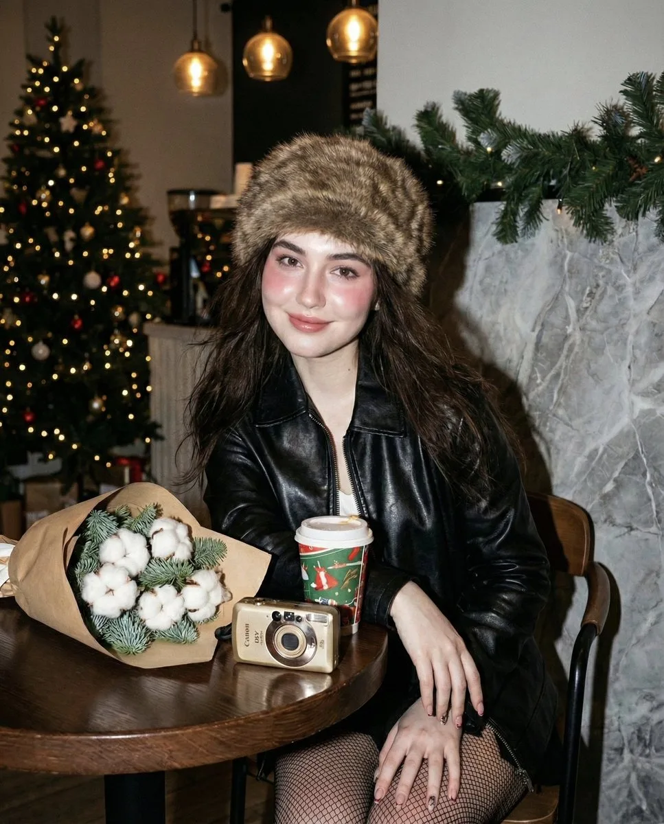 Y2k flash christmas fur hat girl — After