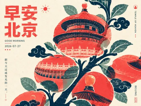 Hand printed beijing temple of heaven morning poster