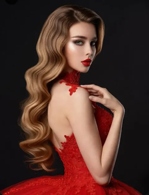 Glamorous woman old hollywood red gown portrait