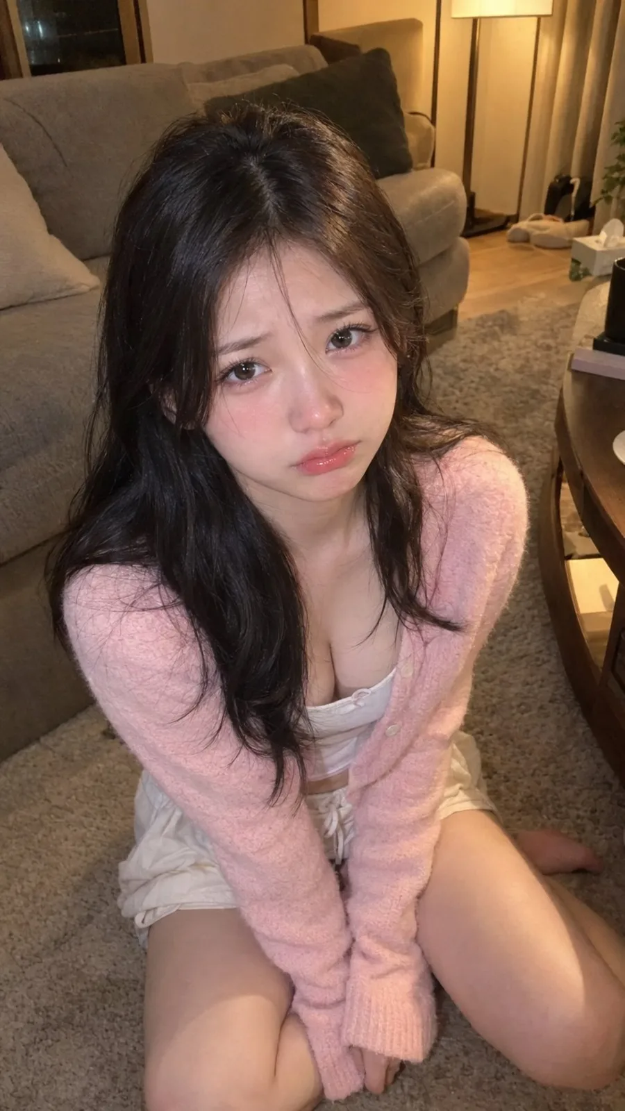 Candid pouty east asian woman living room — Sonra