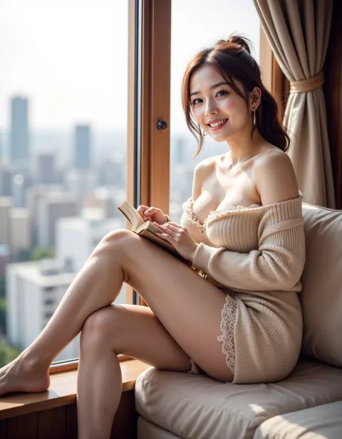 Elegant woman window seat cityscape golden hour