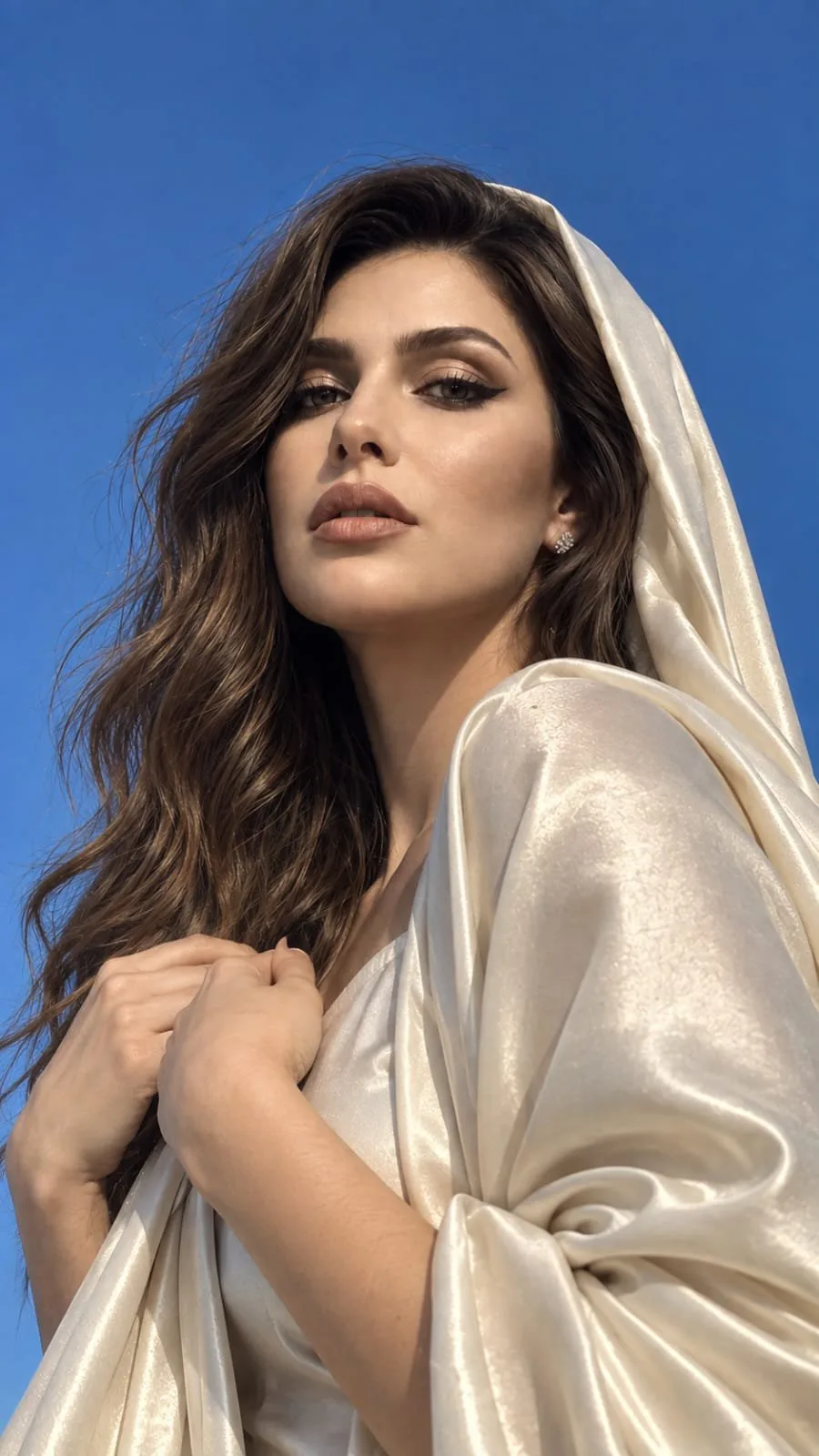 Ultra realistic smartphone portrait woman satin blue sky — After