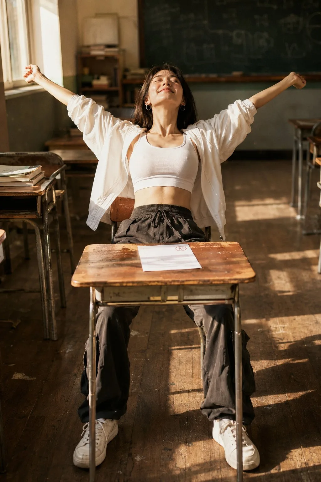 Korean woman classroom stretch relief cinematic portrait — After