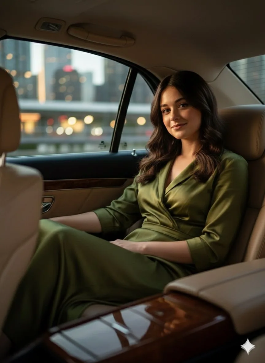 Elegant olive gown luxury car — Sonra