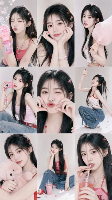 Y2k korean girl editorial 3x3 collage