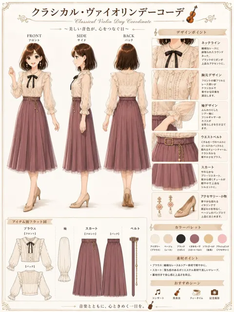 Classical violin style ivory top violet skirt