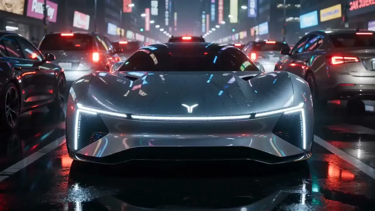 Cyberpunk silver flying car — Sonra