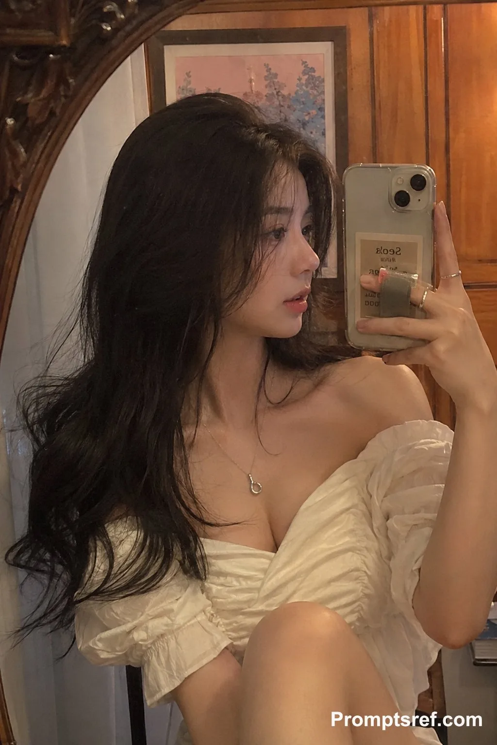 Warm interior smartphone mirror selfie woman — Sonra