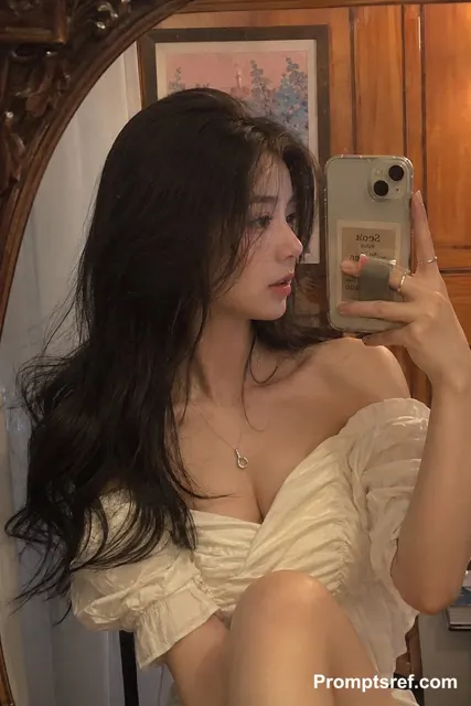 Warm interior smartphone mirror selfie woman