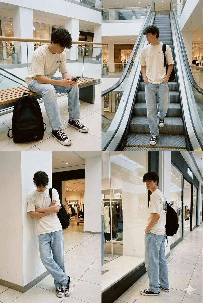 Tired gen z boy mall escalator — Sonra