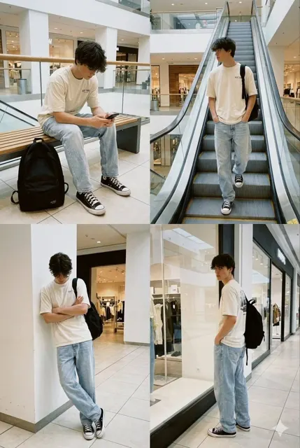 Tired gen z boy mall escalator