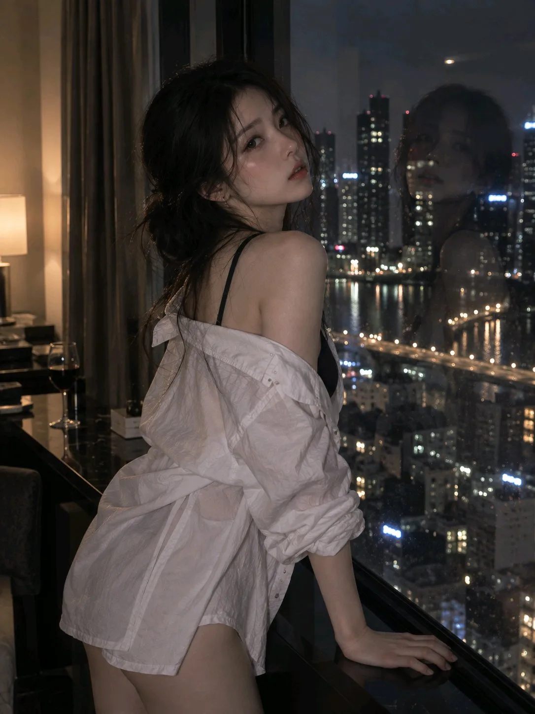 Young asian woman city apartment night window — After