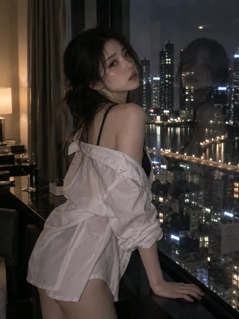 Young asian woman city apartment night window