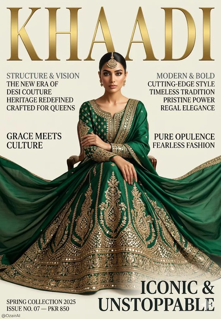 Luxury south asian fashion magazine cover emerald lehenga — Sonra