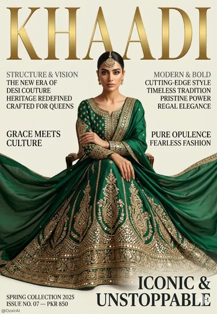 Luxury south asian fashion magazine cover emerald lehenga