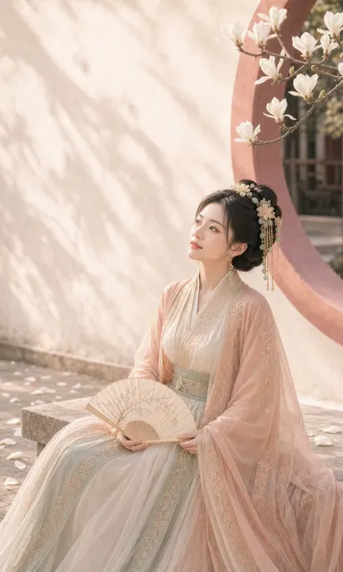 Oriental magnolia courtyard lady poster