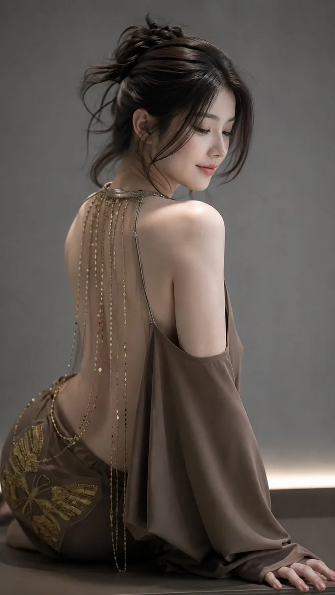Luxury fashion portrait east asian woman satin gown — After