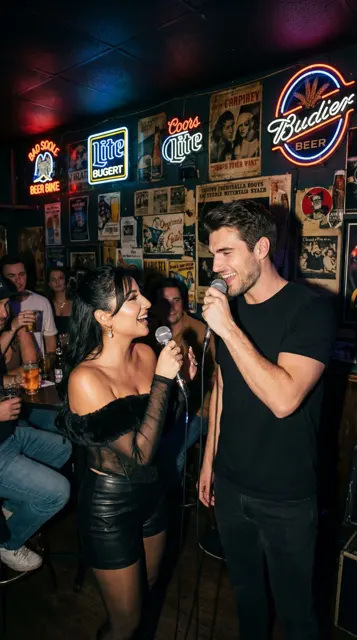 Neon bar karaoke duet moment