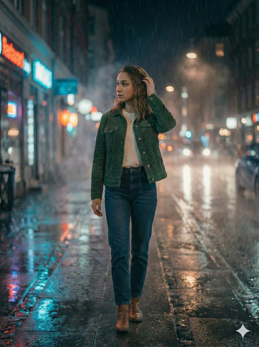 Rainy neon street realistic cinematic girl — After