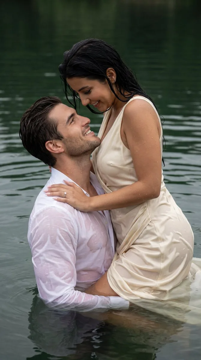 Cinematic lovers embrace in green lake — Sonra