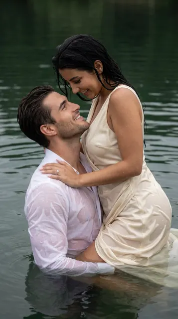 Cinematic lovers embrace in green lake